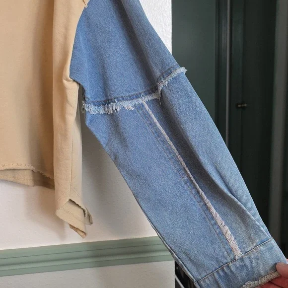 Ces Femme Oversized Cropped Sweatshirt Tan Blue Denim Block Sleeves Small - Picture 7 of 15